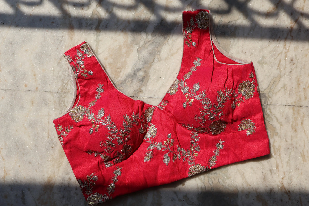 Gulaabi Khwaab Sleeveless Silk Blouse | Gold Silver Thread Embroidery