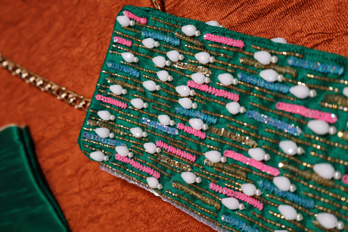 Hariyali Saaj Mobile Sling Bag | Green Sequin Pearl