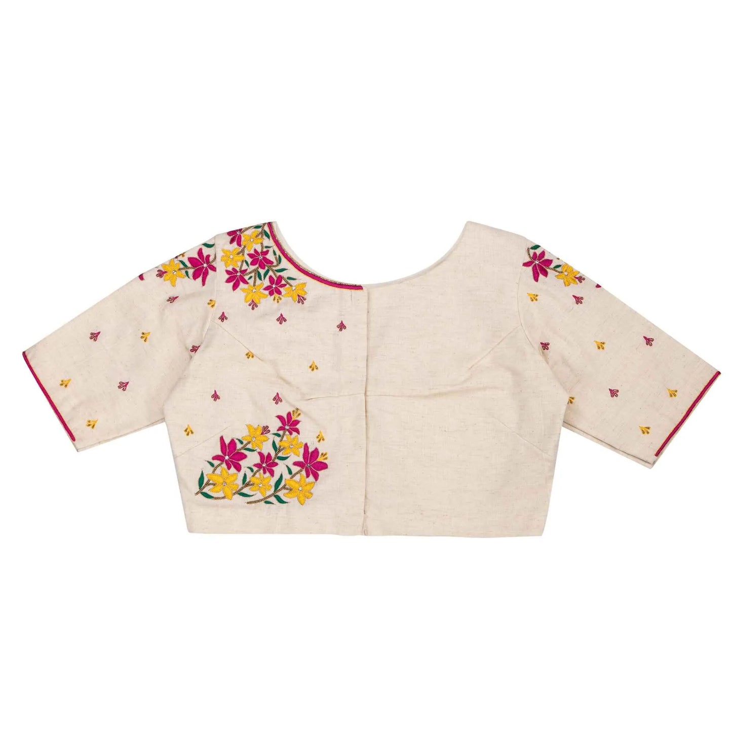 Off-White Floral Blouse – Fuchsia and Yellow Embroidered Elegance.