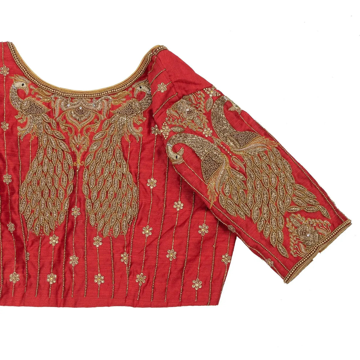 Red Shade Peacock Motif Embroidery Blouse.