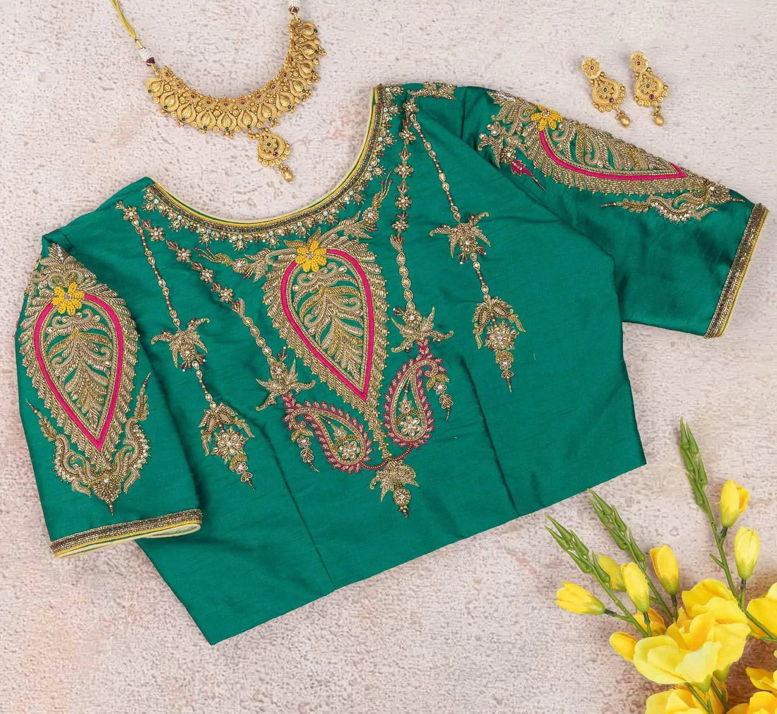 Emerald Designer Blouse with Mughal Paisley, Kundan & Dabke Work