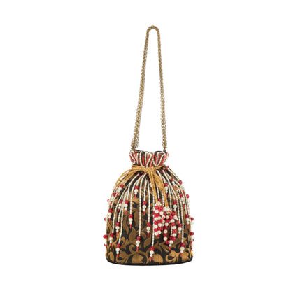 Black Jazz Golden Floral Brocade Potli Bag.