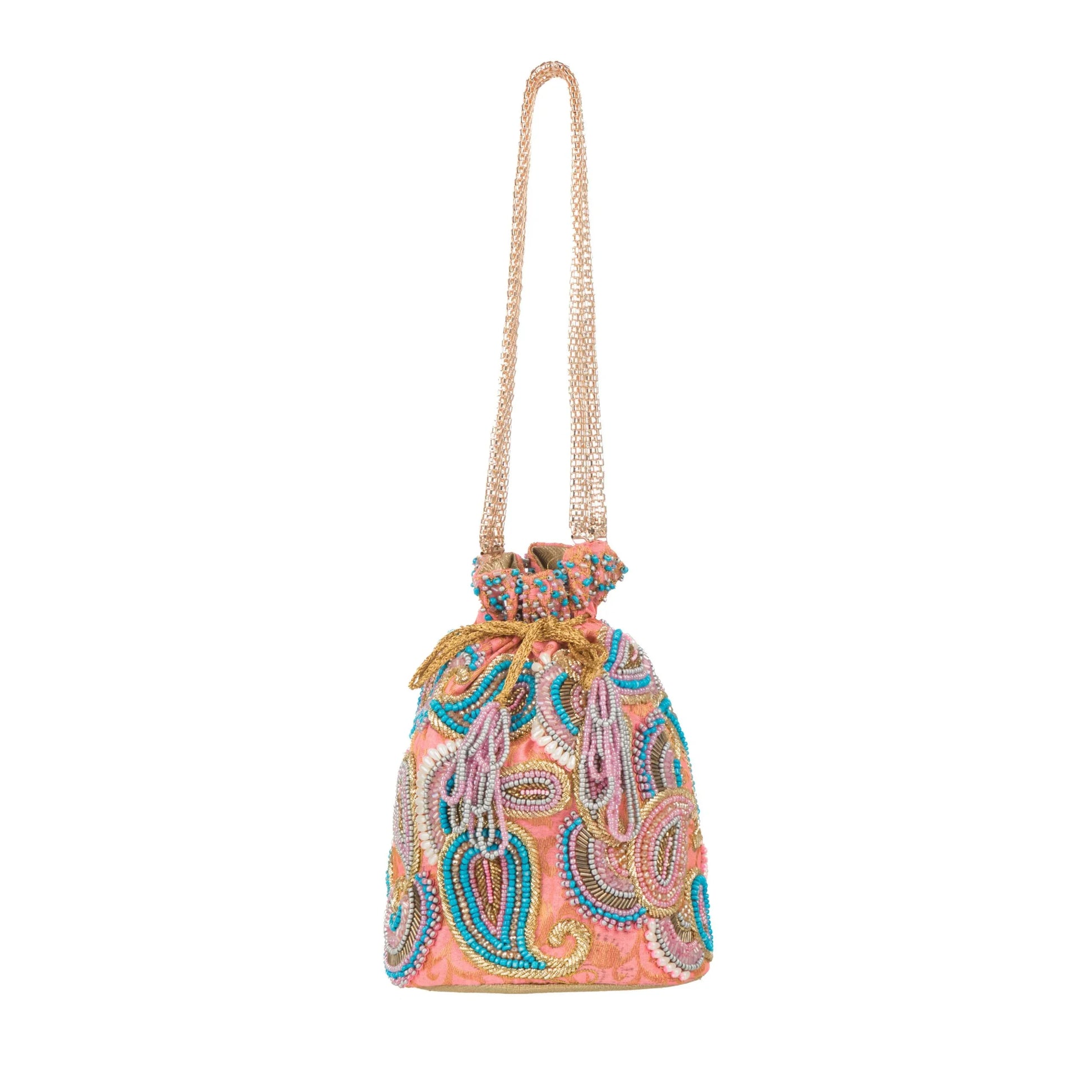 Flamingo Pink Brocade Ambi Potli Bag.