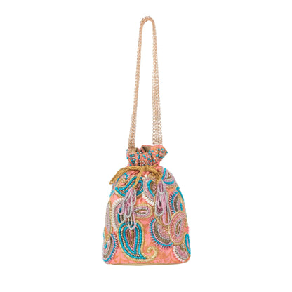 Flamingo Pink Brocade Ambi Potli Bag.