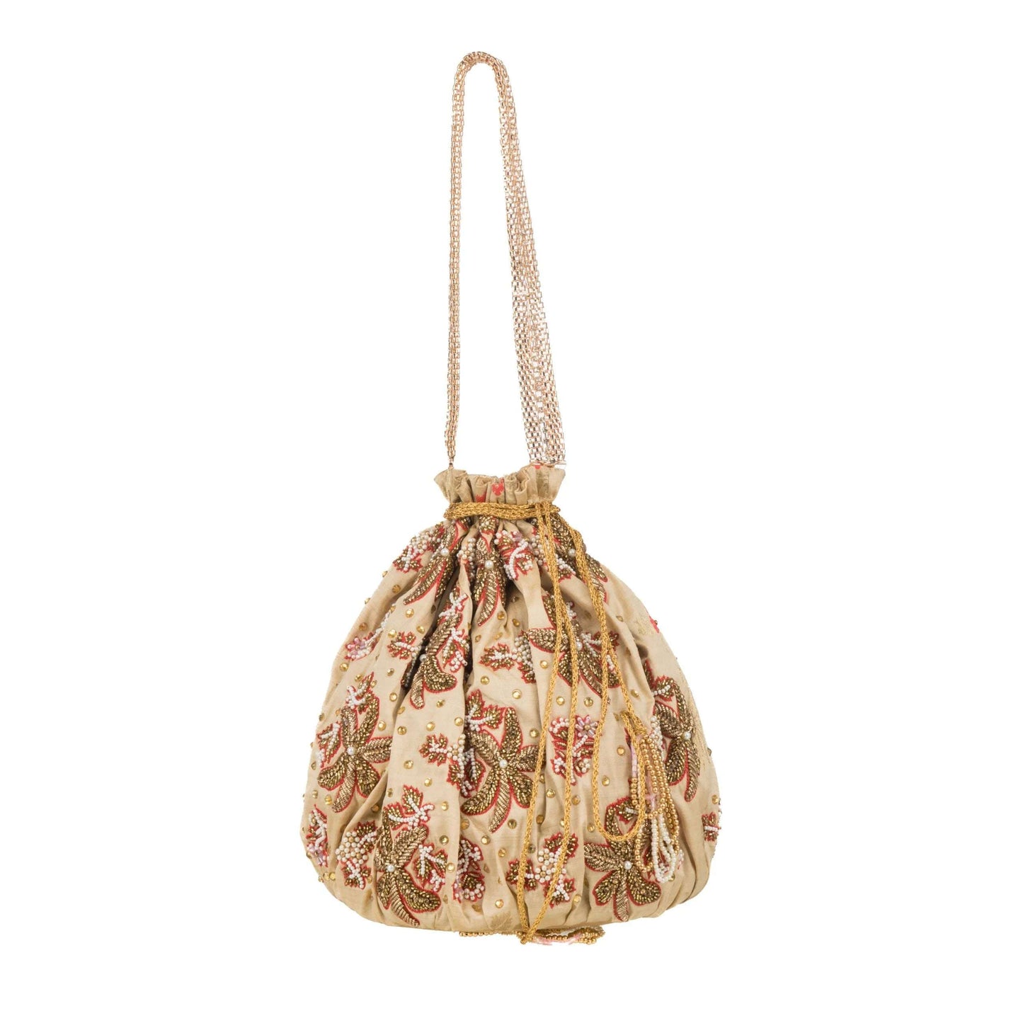 Beige Brocade Floral Potli Bag.