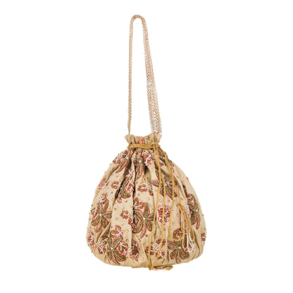 Beige Brocade Floral Potli Bag.