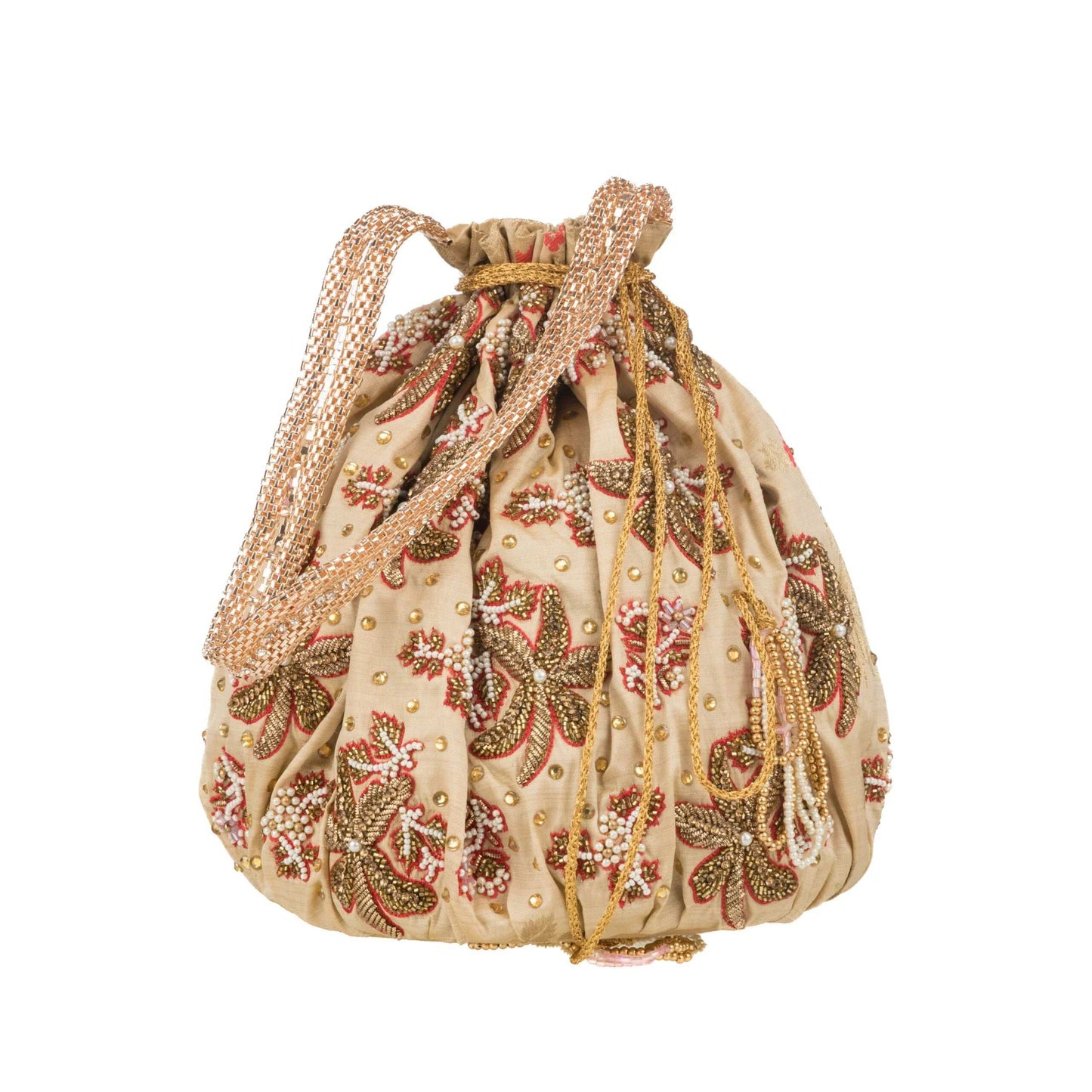 Beige Brocade Floral Potli Bag.