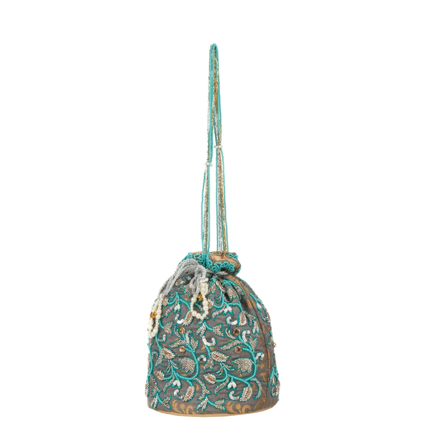 Slate Greyish Golden Floral Brocade Zari Potli Bag.