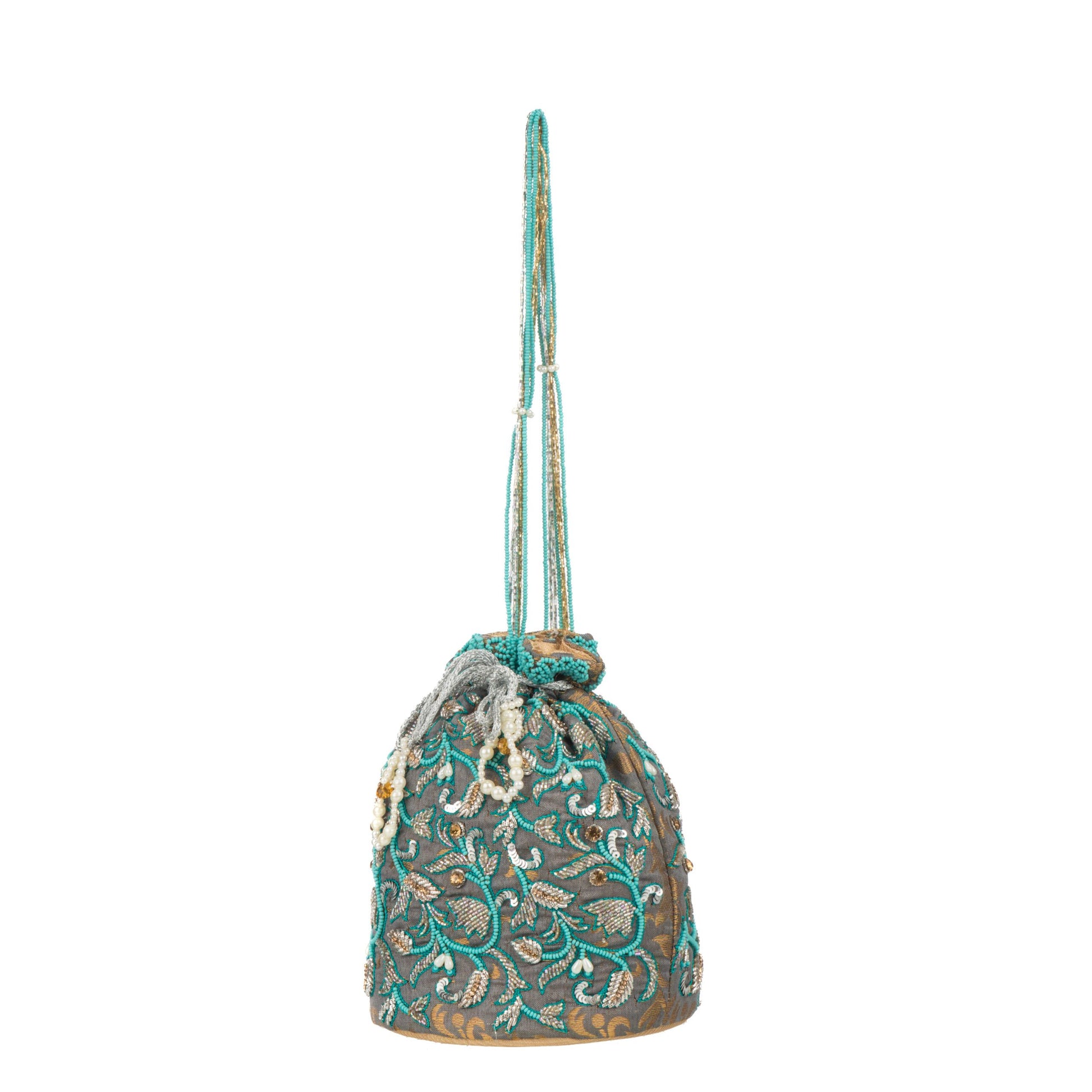 Slate Greyish Golden Floral Brocade Zari Potli Bag.