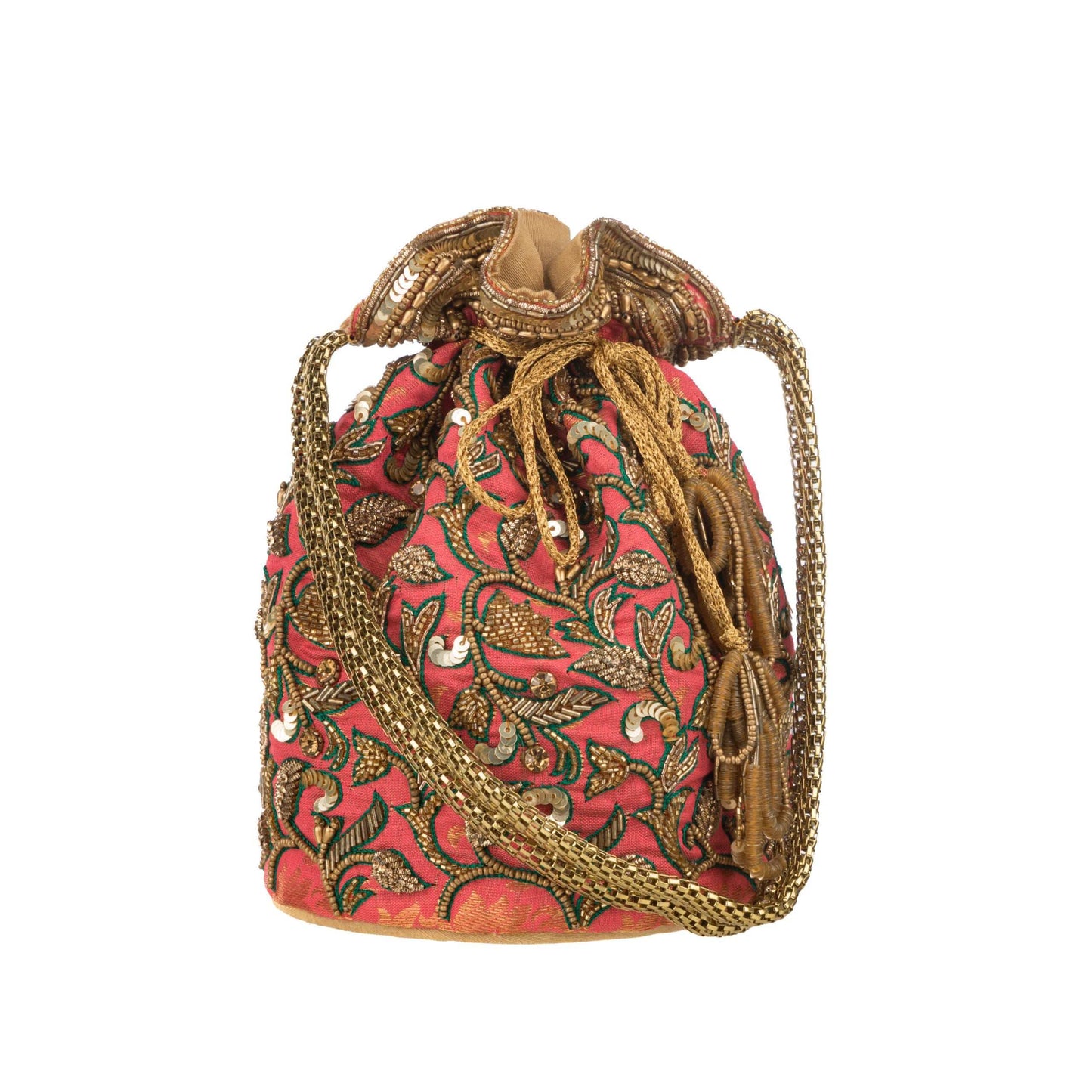 Peach Golden Floral Brocade Zari Potli Bag.
