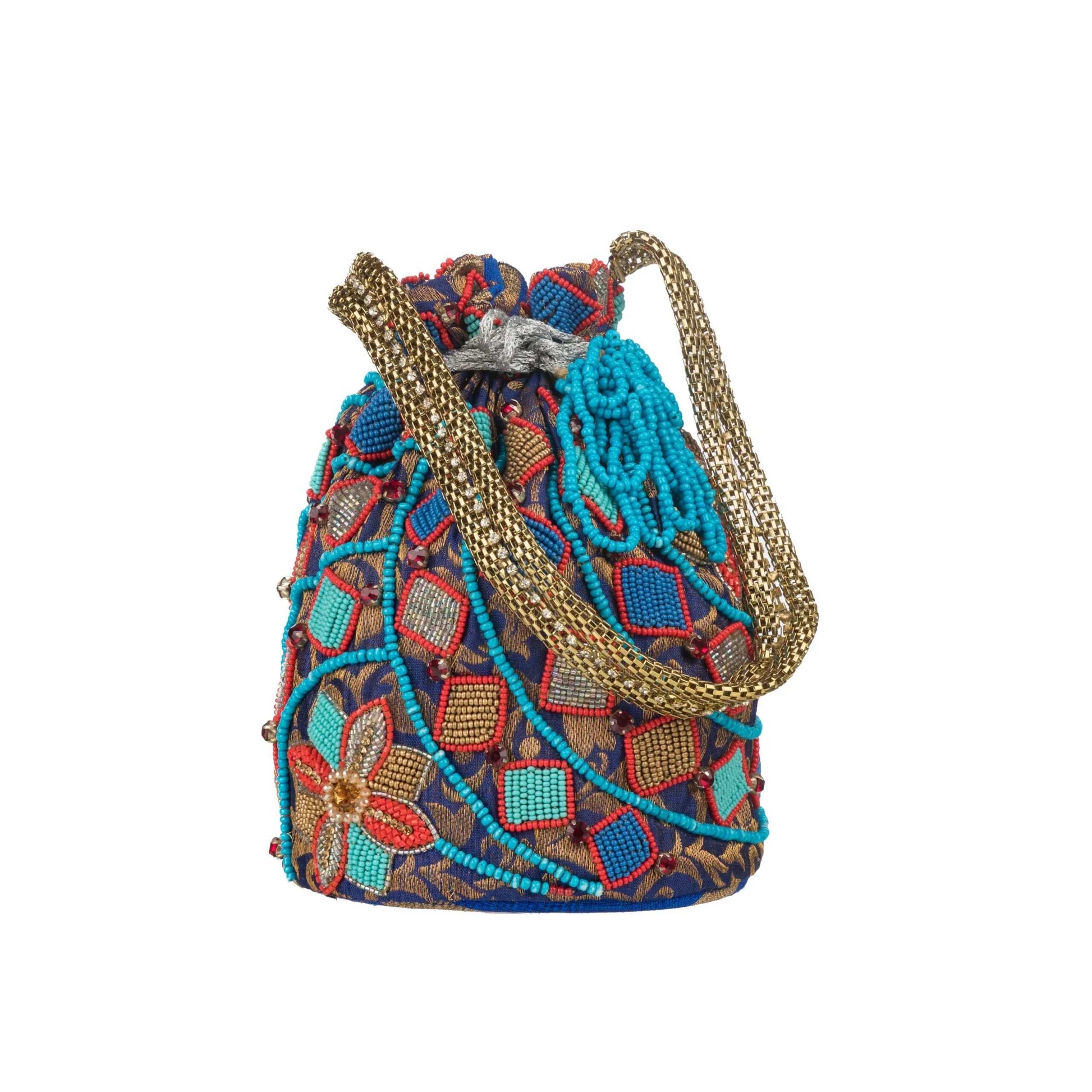Egyptian Blue Brocade Geometrical Potli Bag.