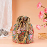 Sea Green Brocade Mosaic Work Potli Bag.