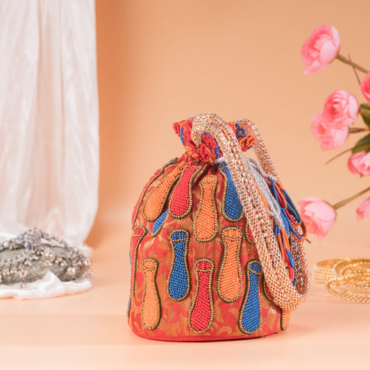 Red Hot Brocade Surai Potli Bag - Kizmit Designs Store