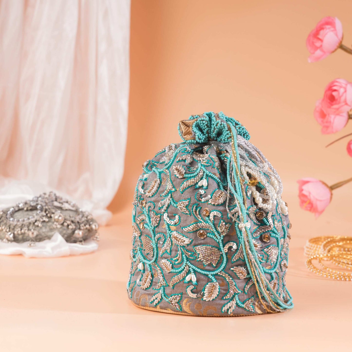 Slate Greyish Golden Floral Brocade Zari Potli Bag.