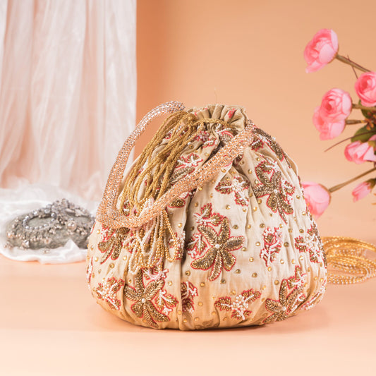 Beige Brocade Floral Potli Bag - Kizmit Designs Store