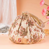 Beige Brocade Floral Potli Bag.