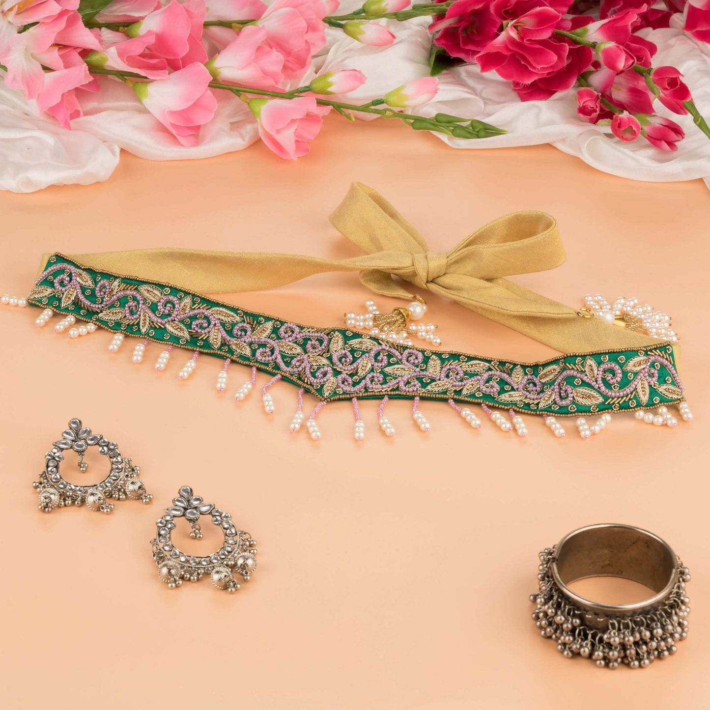 Bottle Green with Beads Saree Belt.