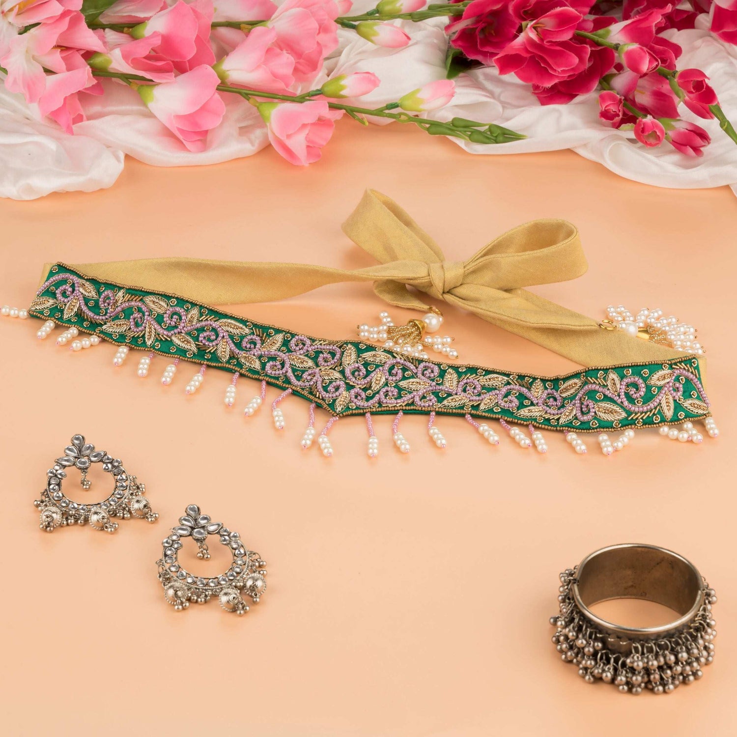 Bottle Green with Beads Saree Belt.