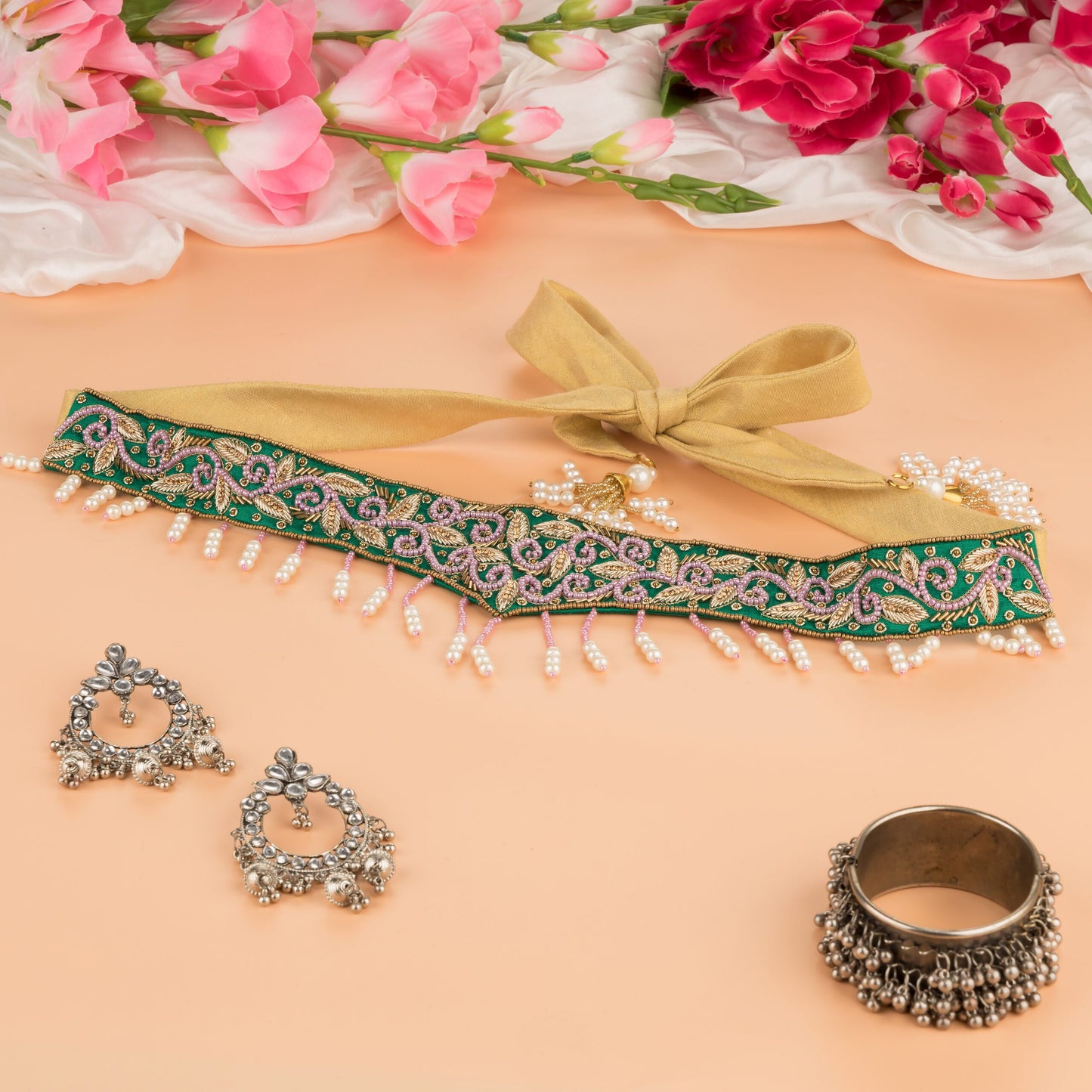 Bottle Green with Beads Saree Belt - Kizmit Designs Store