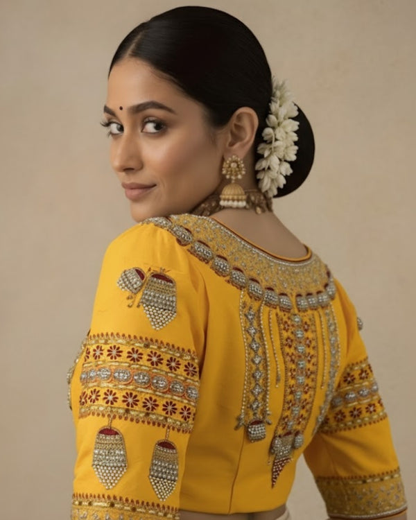 Pila Jhumka Blouse Handcrafted Chrome Yellow Designer Blouse