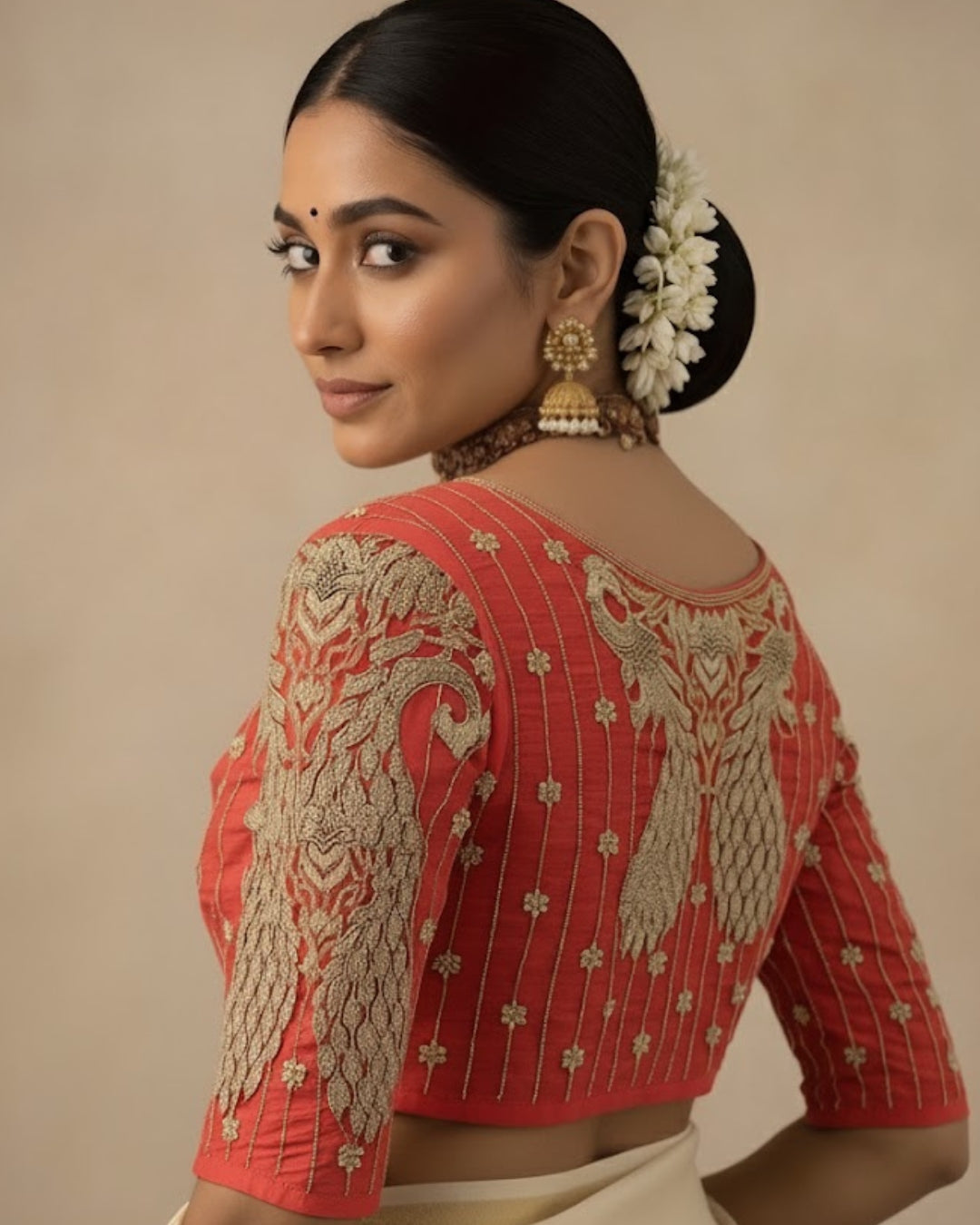 Red Shade Peacock Motif Embroidery Blouse