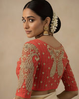Red Shade Peacock Motif Embroidery Blouse
