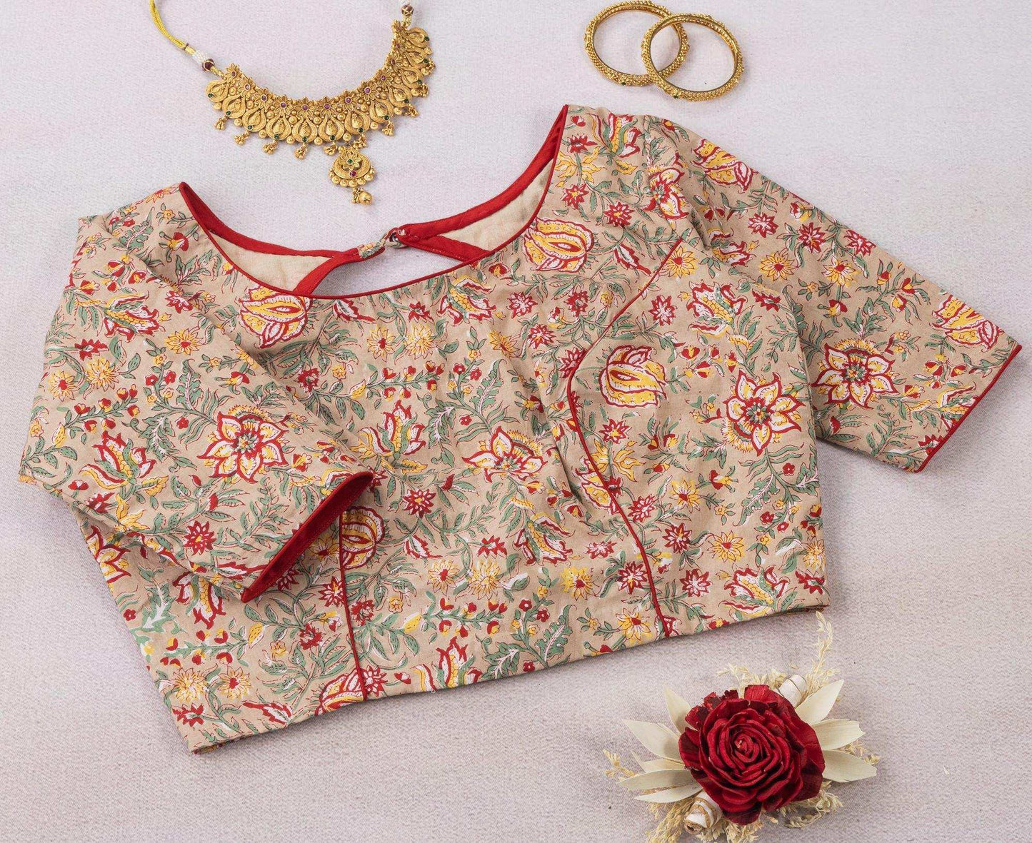 Beige Shade Cotton Floral Blouse – Subtly Embroidered & Ethereal.
