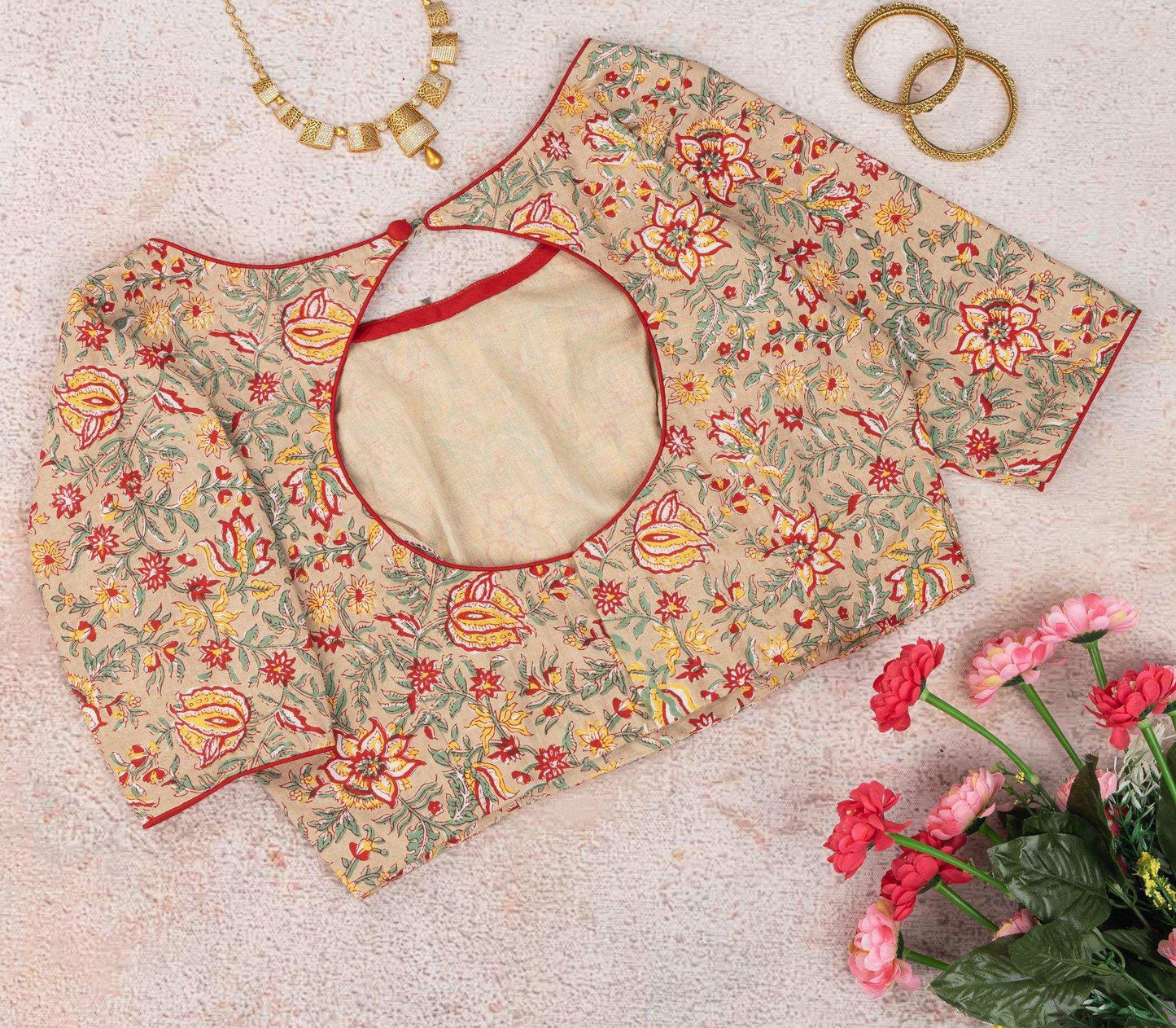 Beige Shade Cotton Floral Blouse – Subtly Embroidered & Ethereal.