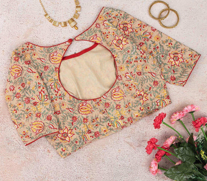 Beige Shade Cotton Floral Blouse – Subtly Embroidered & Ethereal.