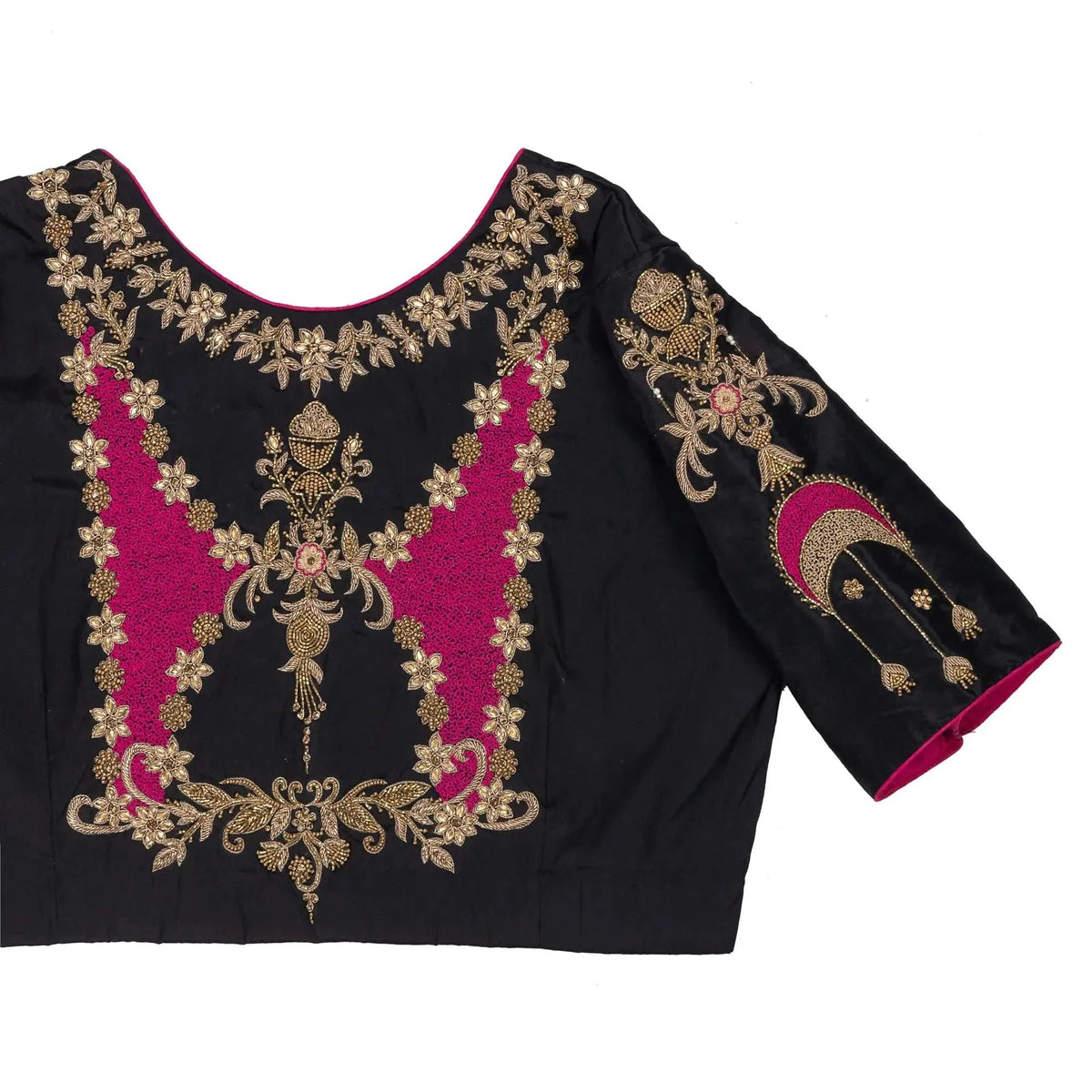 Close-up of the gold and pink zari embroidery on the blouse back and sleeve