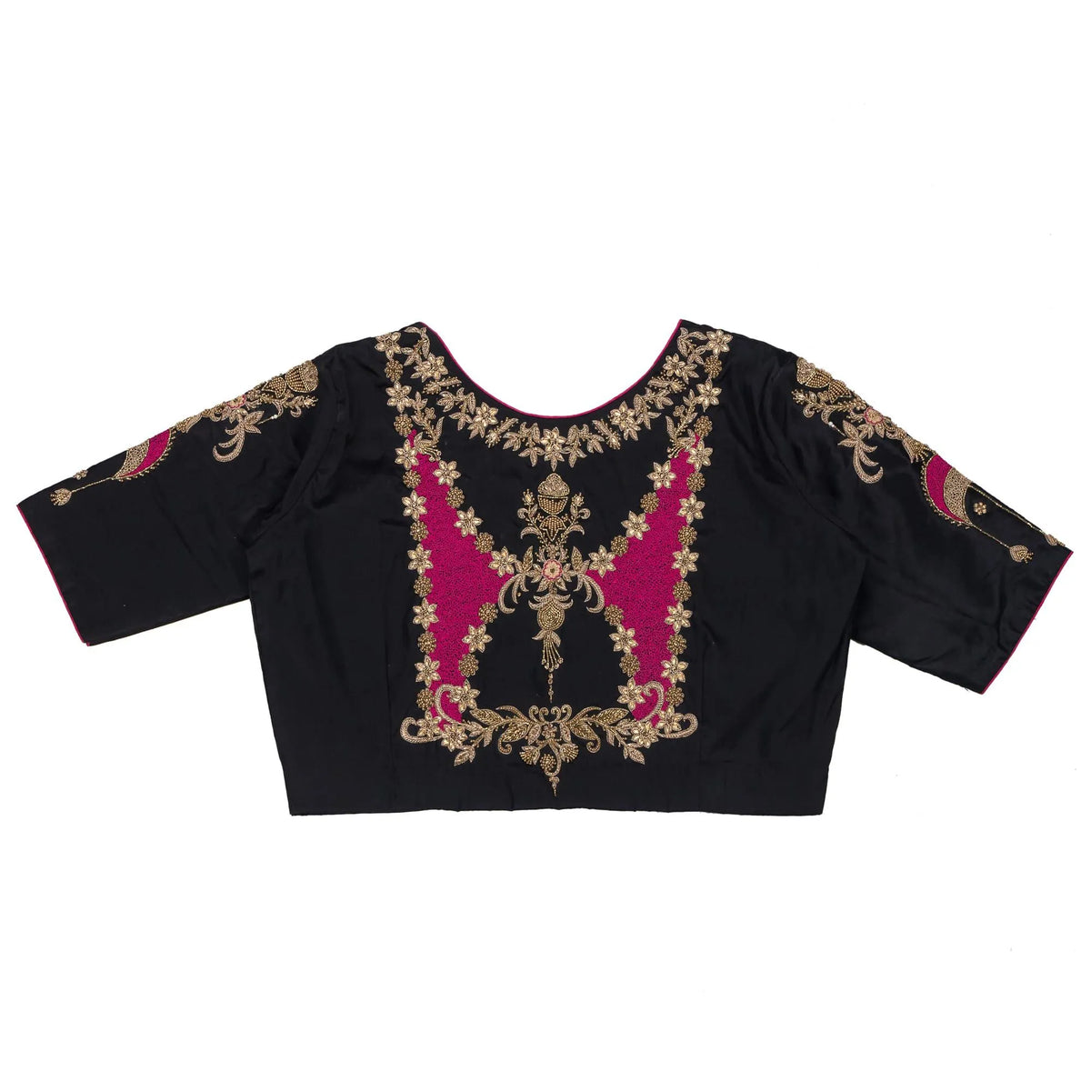 Black blouse back laid flat, embroidered panel framed by floral zari vines
