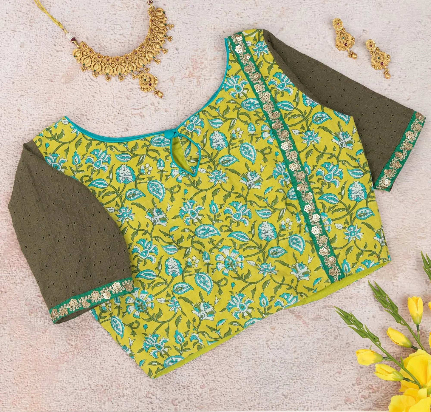 Citrus Green Blouse with Turquoise Blue Floral Motifs.