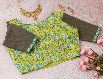 Citrus Green Blouse with Turquoise Blue Floral Motifs.