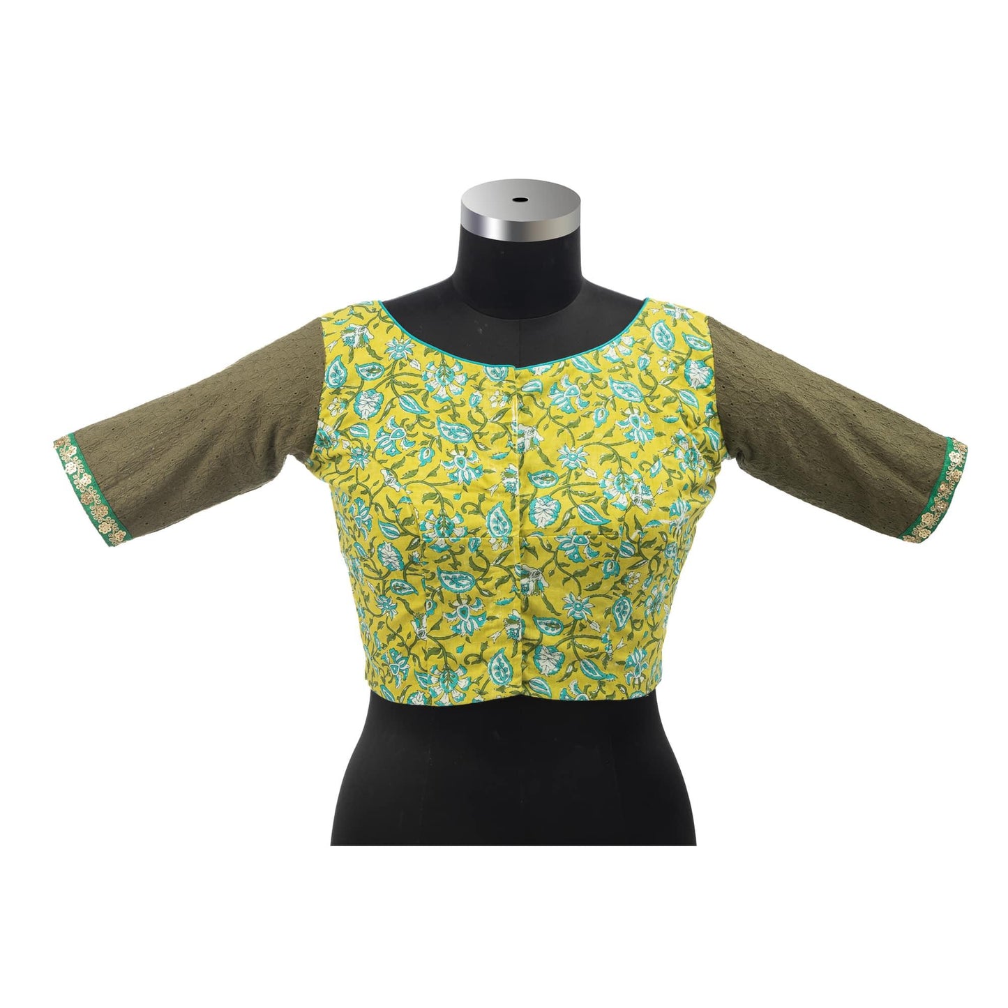 Citrus Green Blouse with Turquoise Blue Floral Motifs.