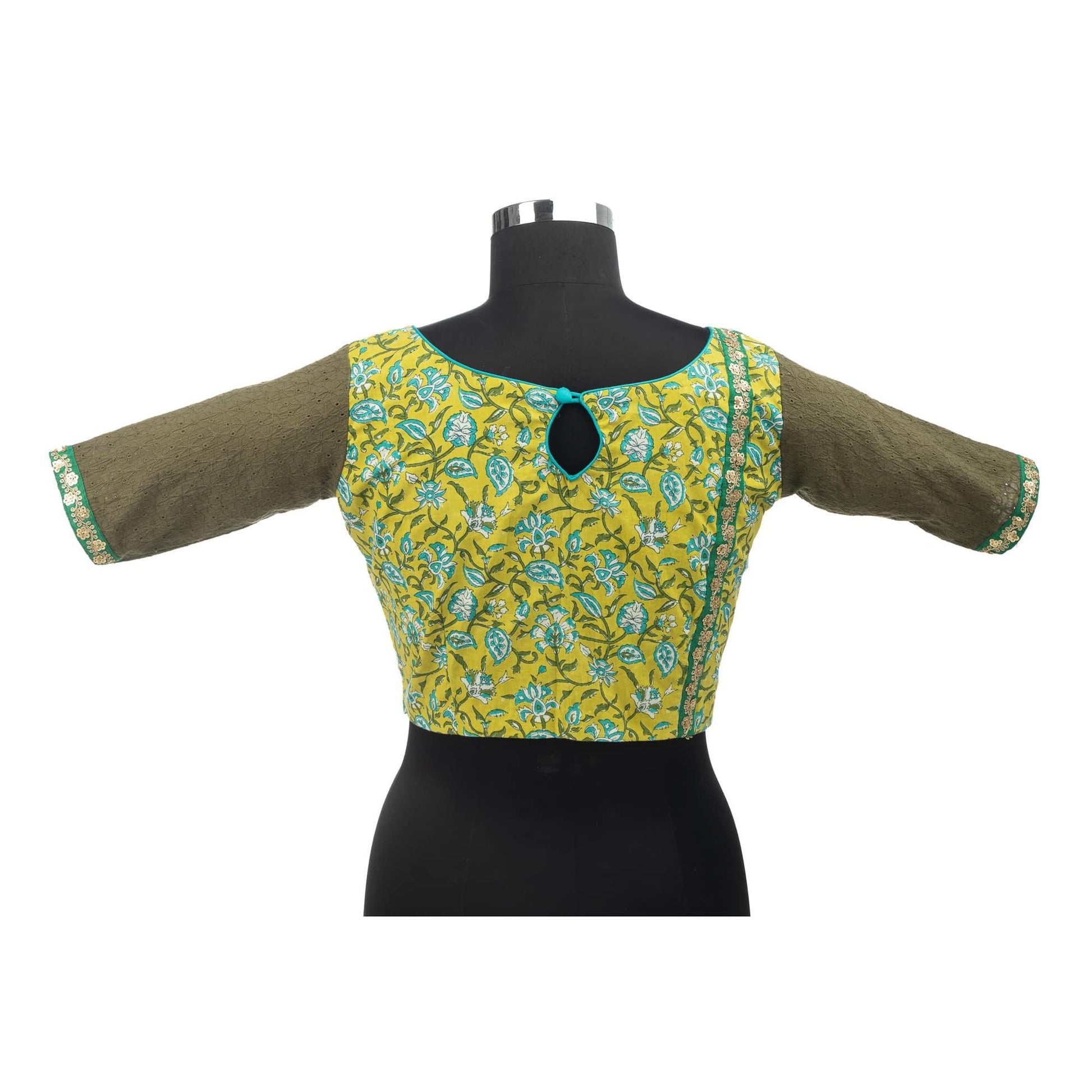 Citrus Green Blouse with Turquoise Blue Floral Motifs.