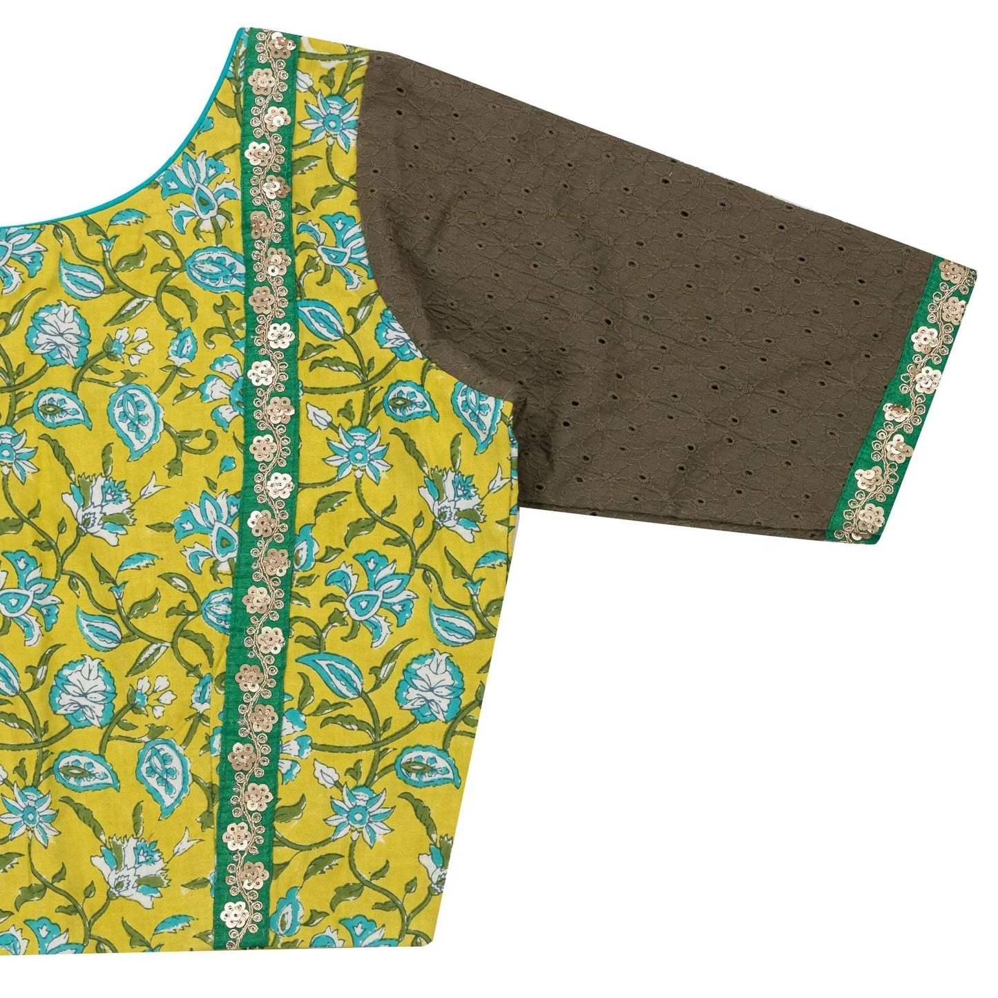 Citrus Green Blouse with Turquoise Blue Floral Motifs.