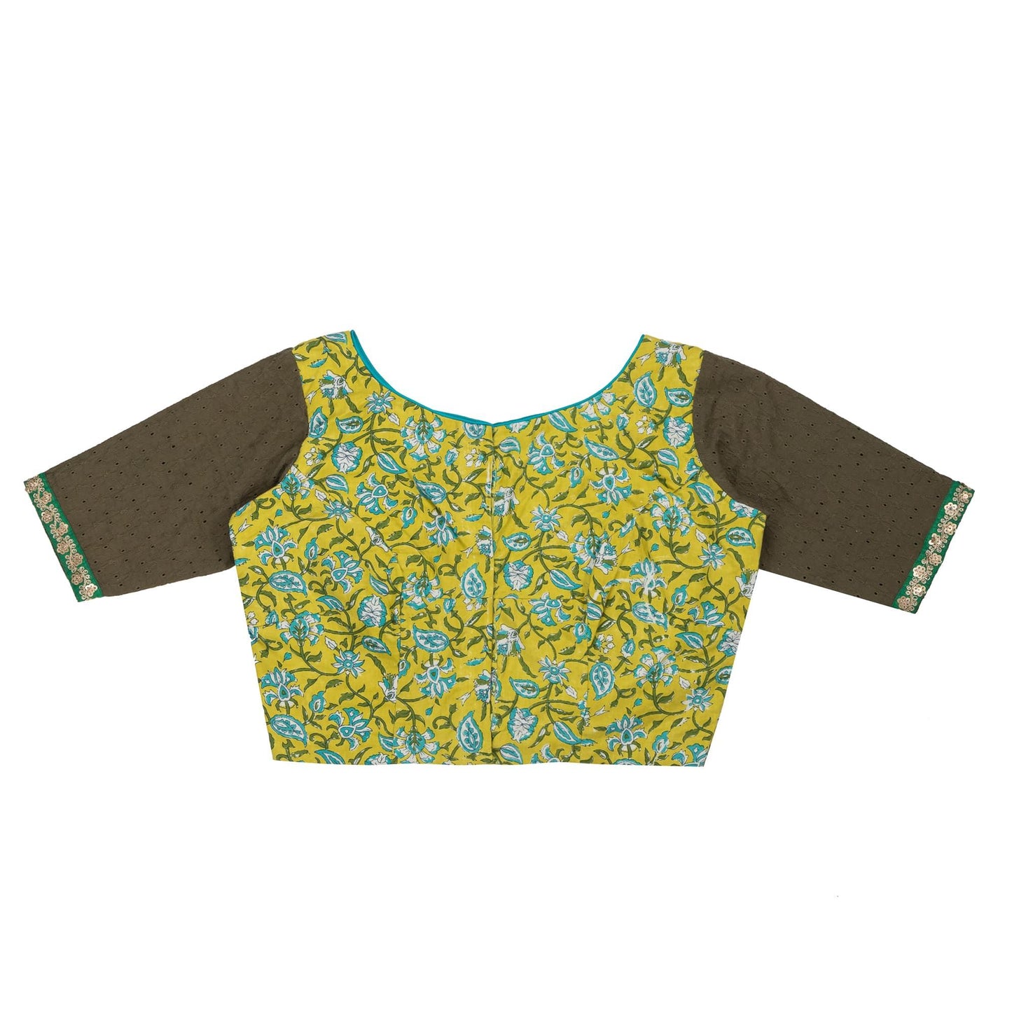 Citrus Green Blouse with Turquoise Blue Floral Motifs.