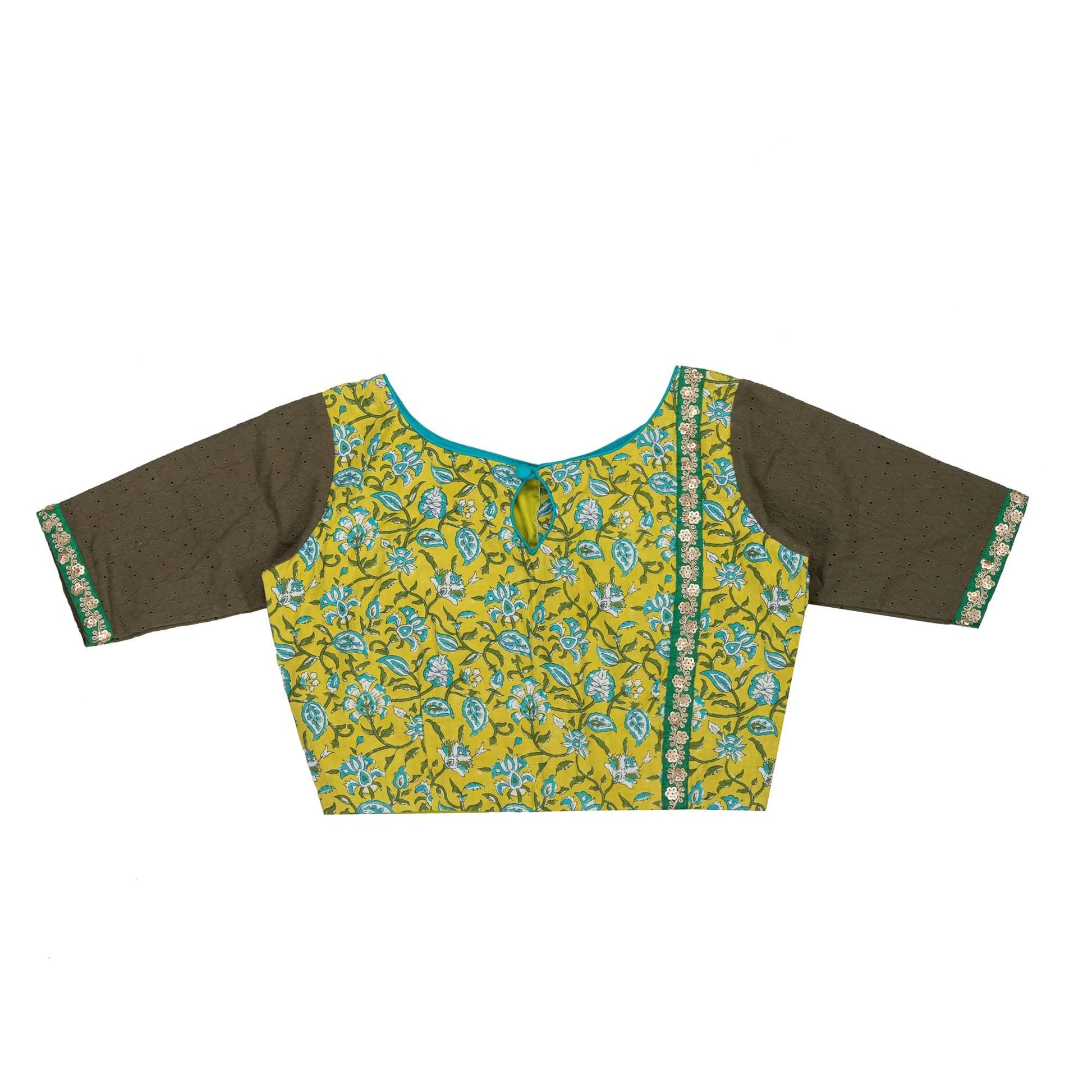 Citrus Green Blouse with Turquoise Blue Floral Motifs.