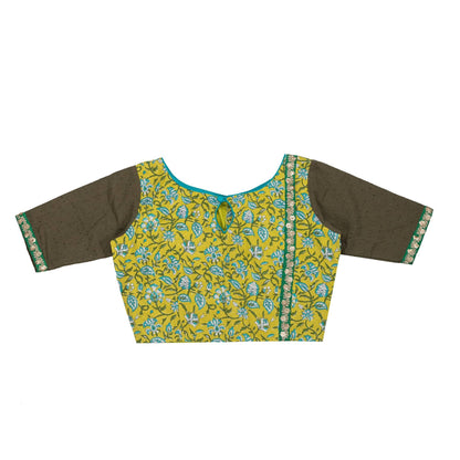 Citrus Green Blouse with Turquoise Blue Floral Motifs.