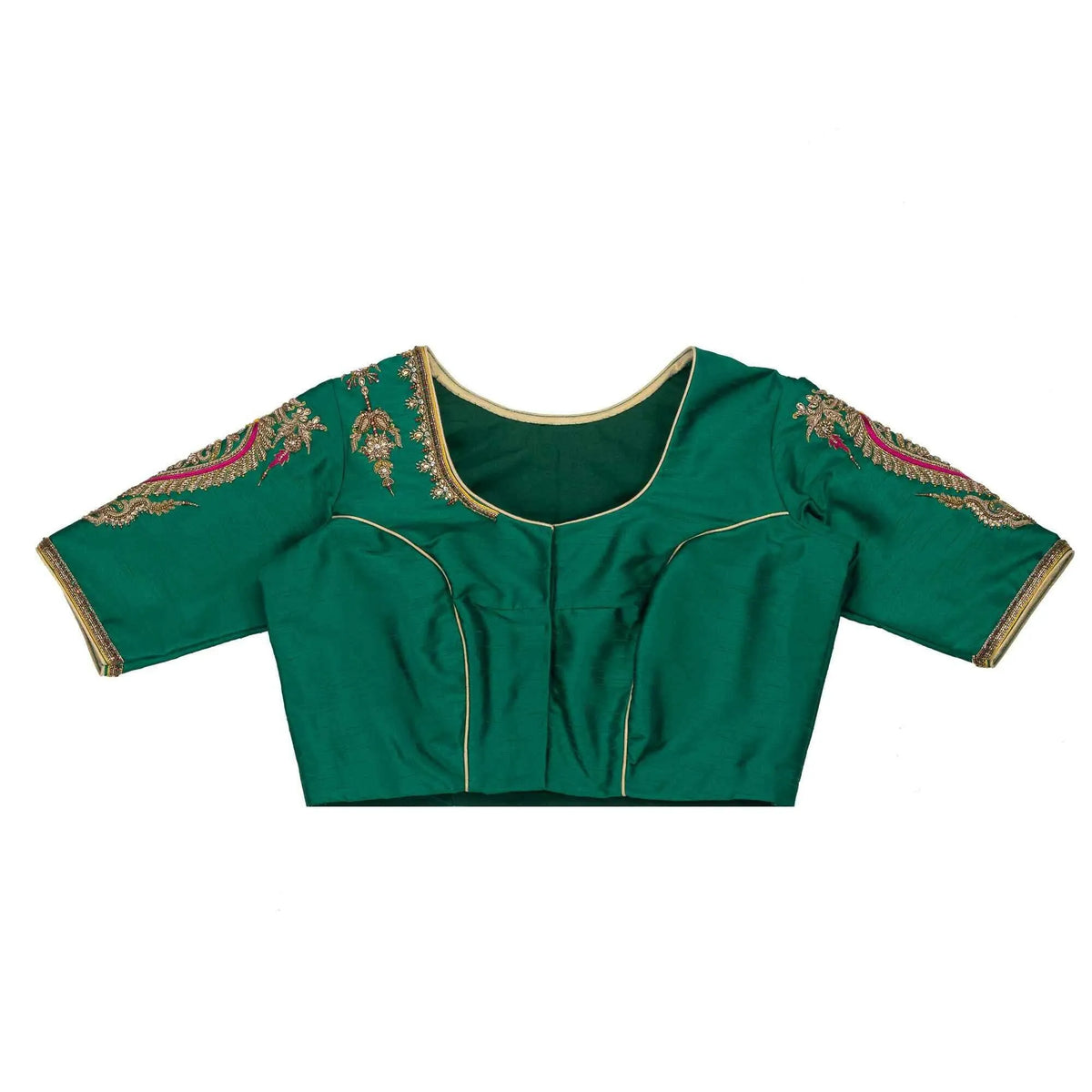 Blouse laid flat front up, embroidery limited to the shoulders and sleeve caps