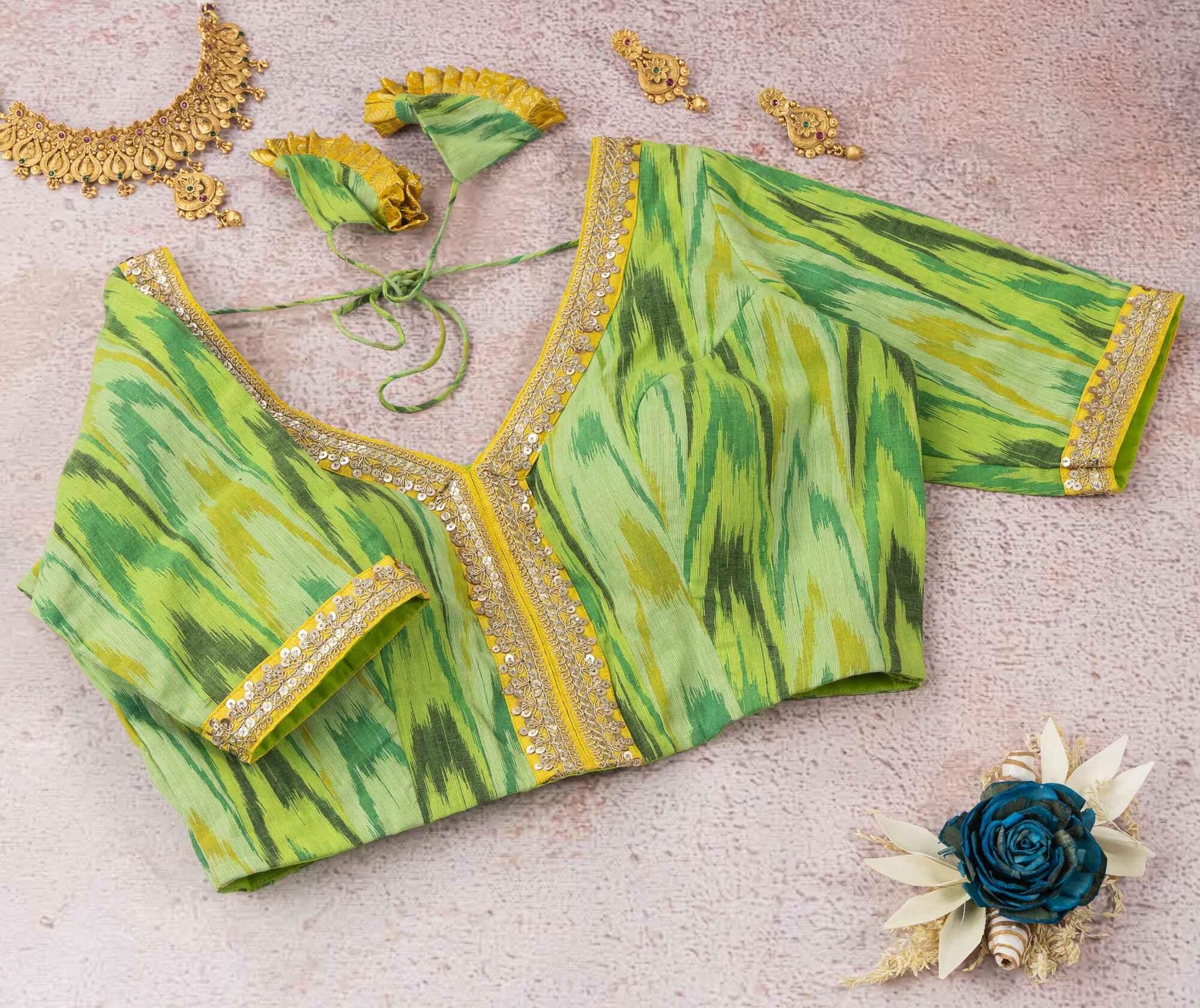 Greenish Ikkat Shade Blouse – Cotton Comfort with Ikkat Accents.