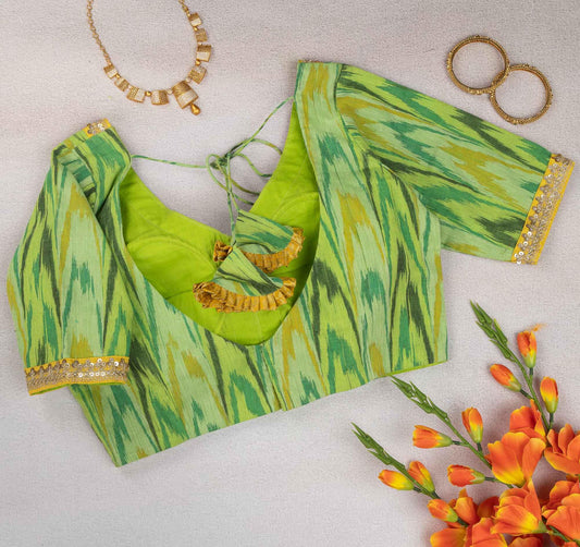 Greenish Ikkat Shade Blouse – Cotton Comfort with Ikkat Accents.