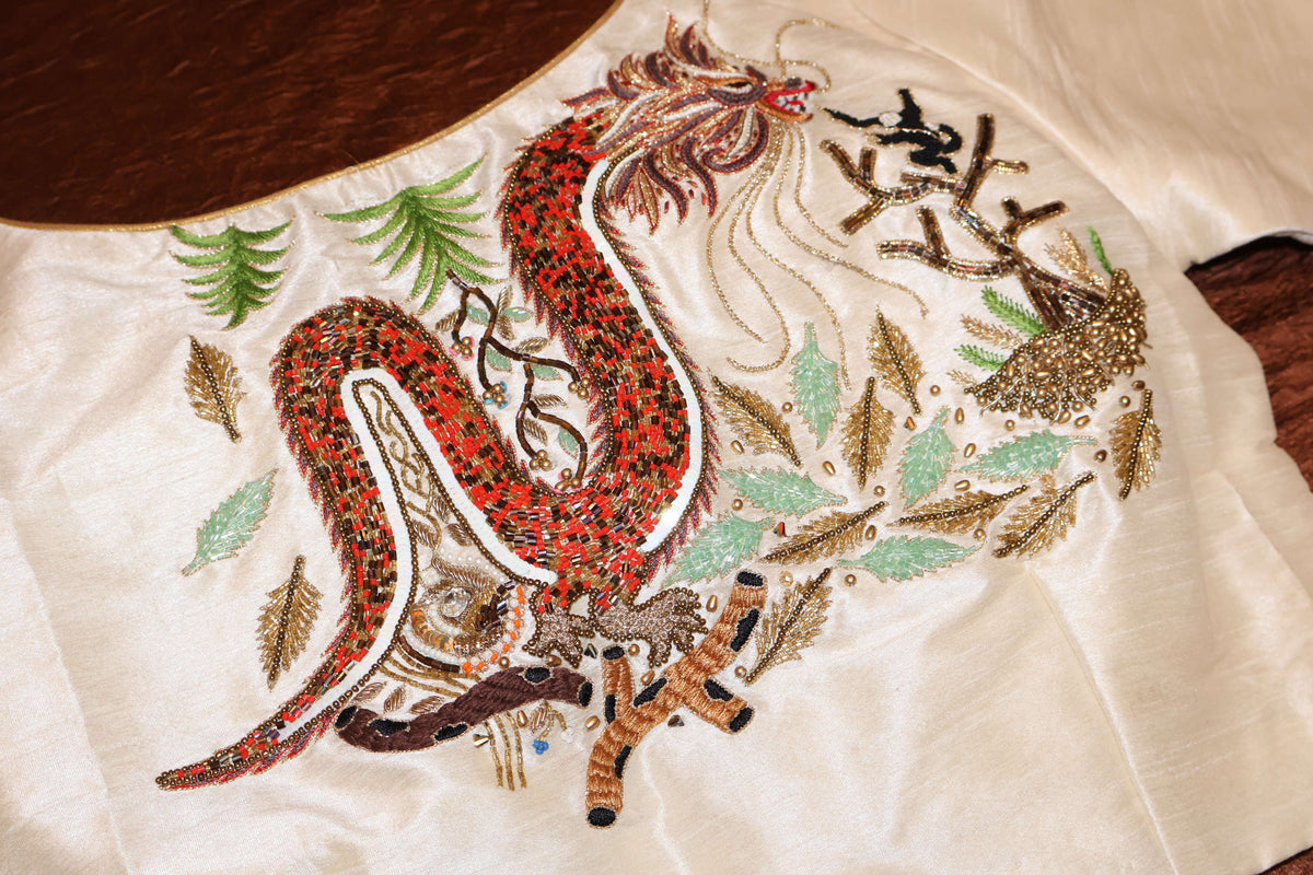 Mystic Dragon Silk Blouse | Beaded Dragon Embroidery