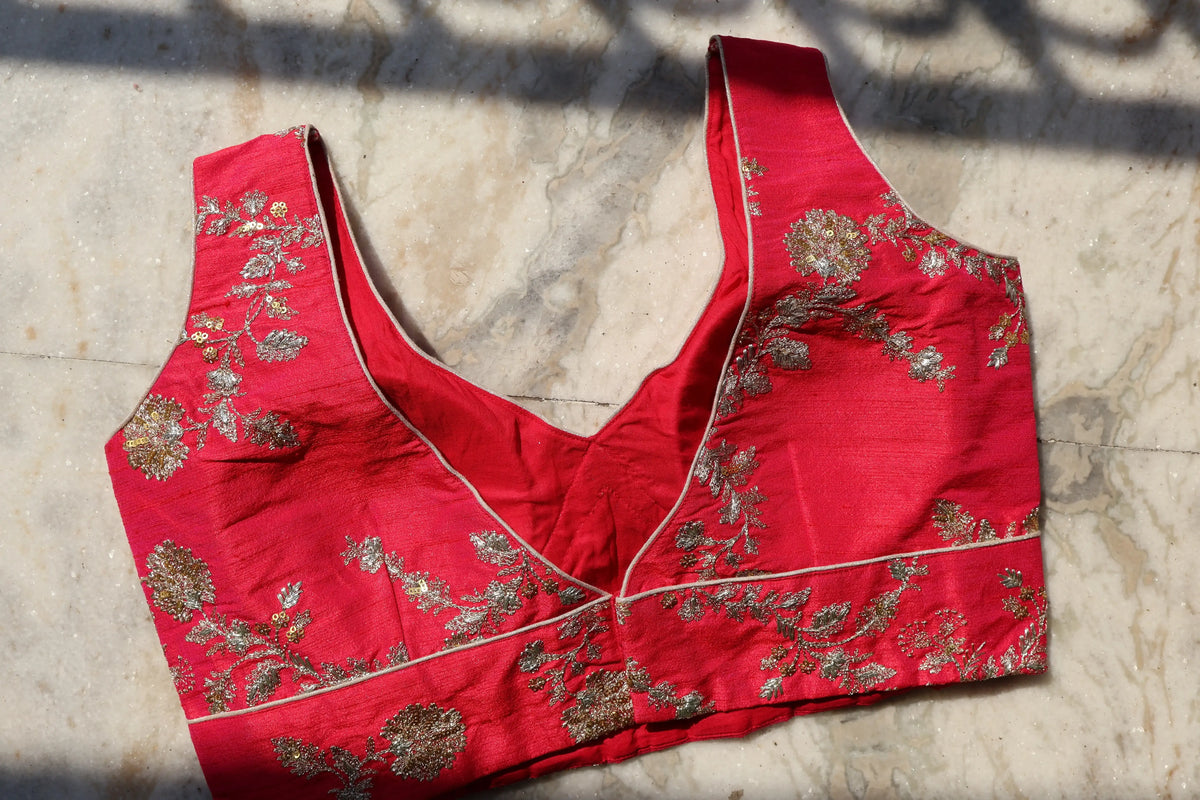 Gulaabi Khwaab Sleeveless Silk Blouse | Gold Silver Thread Embroidery