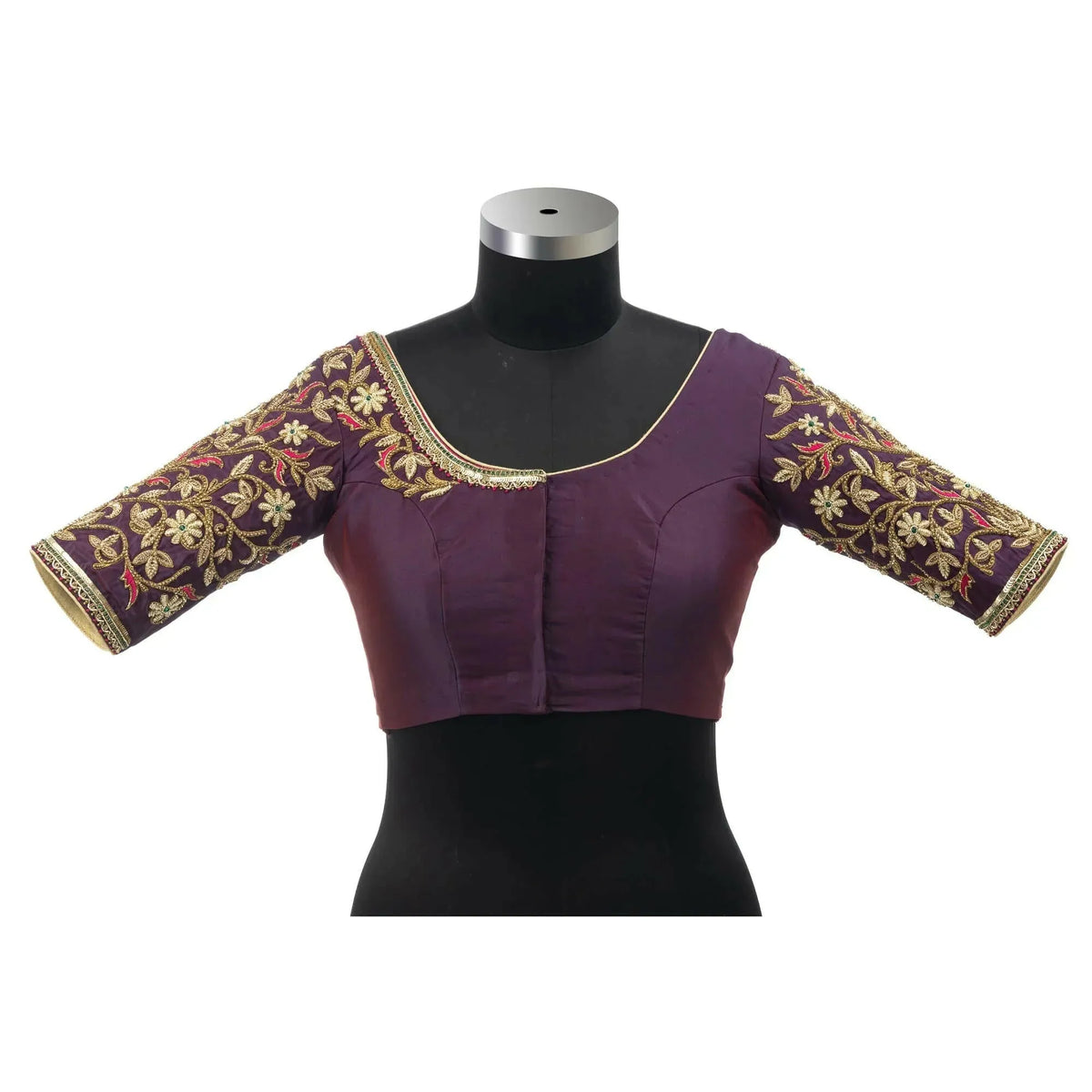 Front view on a bust form, plain purple front with round neckline and embroidered sleeves