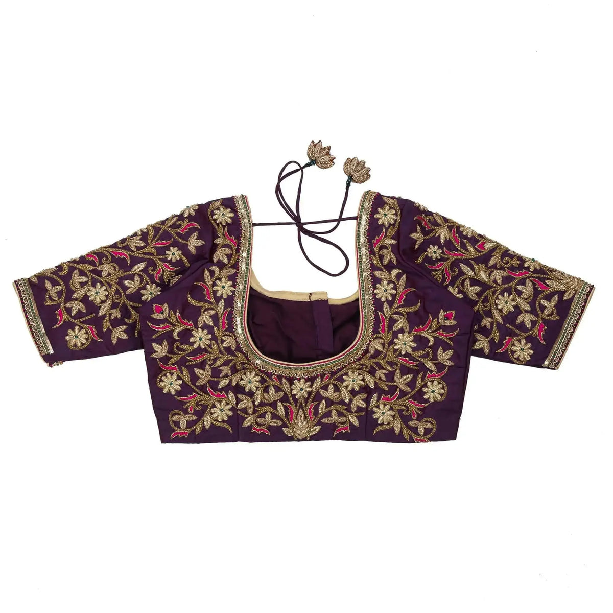 Purple blouse laid flat back up, sleeves spread to show gold floral work and dori strings
