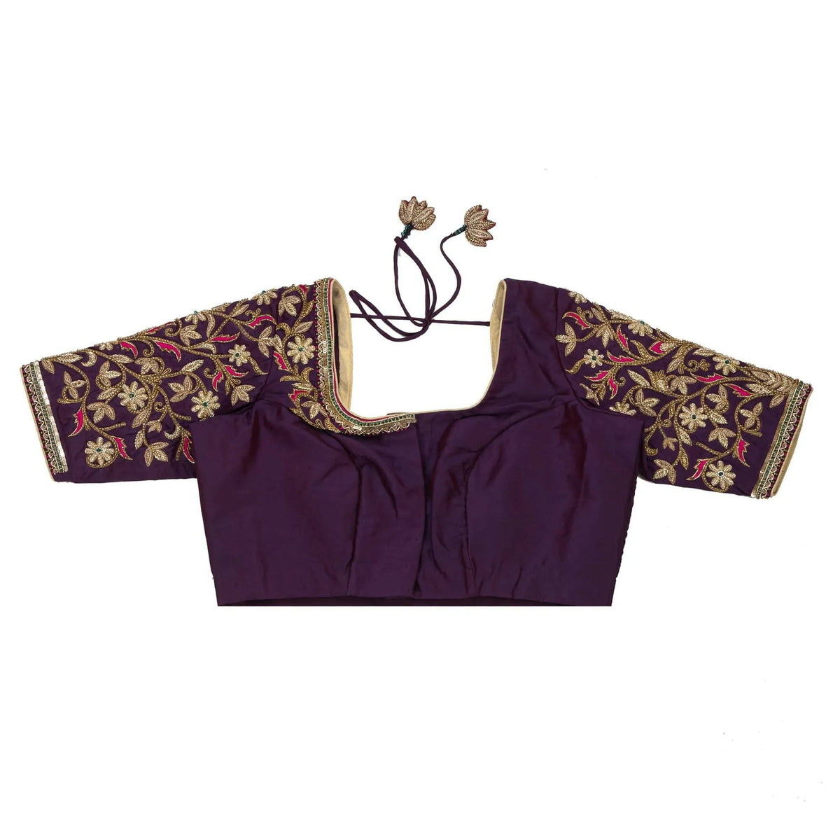 Flat-lay front of the purple blouse, embroidery running across the shoulders and sleeves