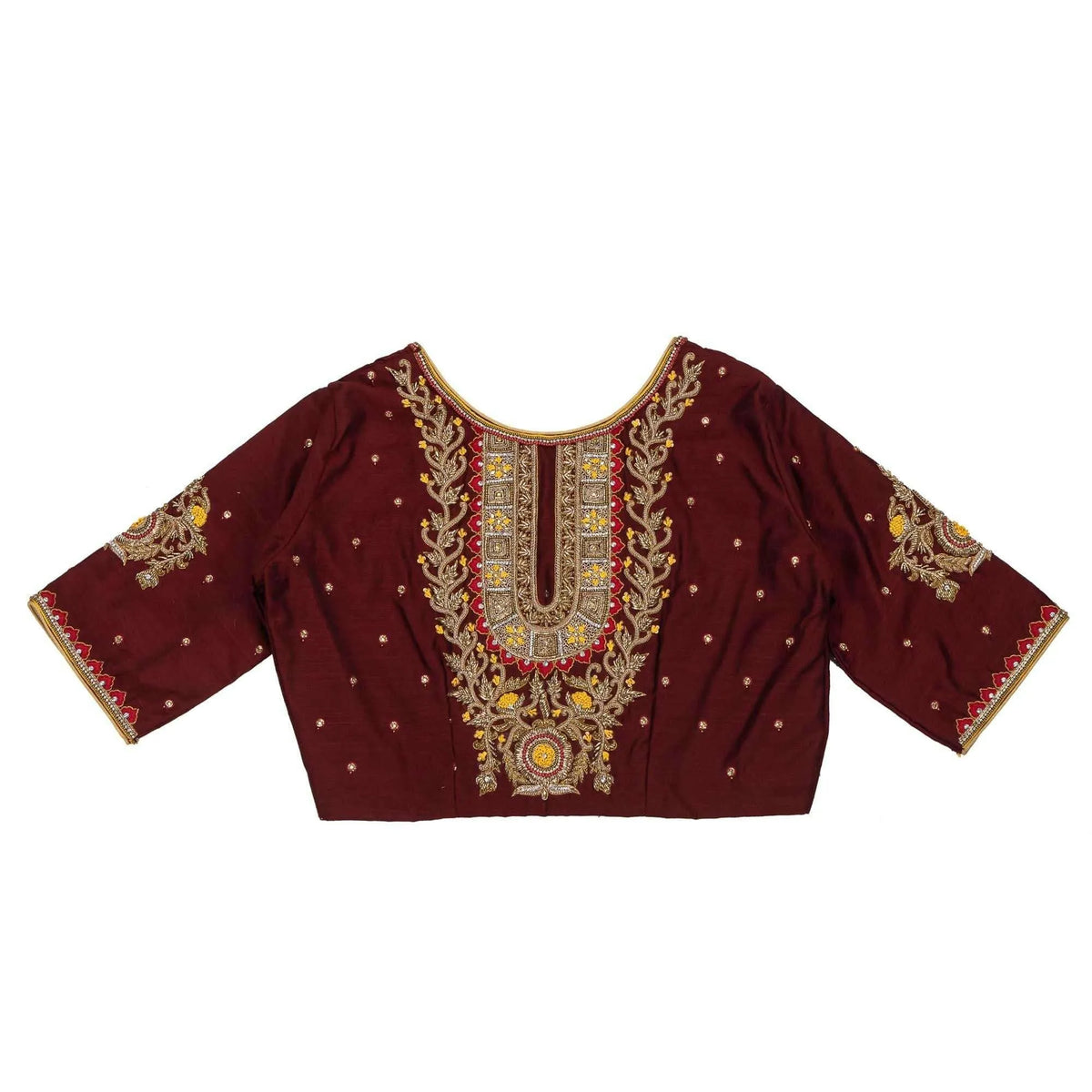 Maroon blouse laid flat showing the full zardozi panel and scattered gold bootis