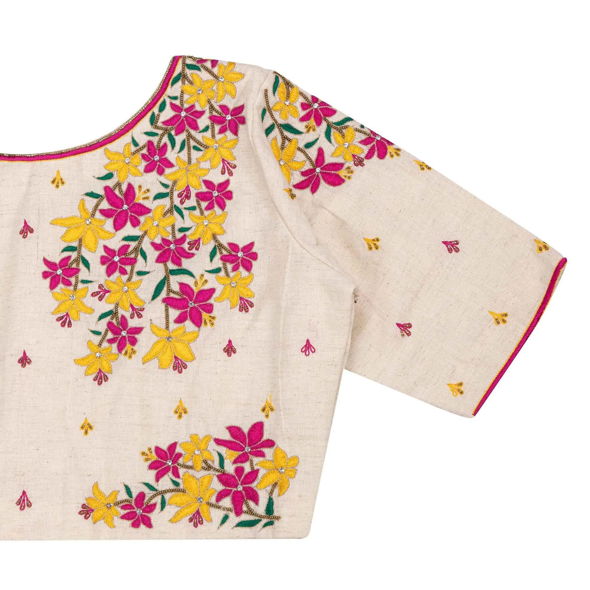 Off-White Floral Blouse – Fuchsia and Yellow Embroidered Elegance