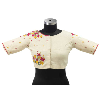 Off-White Floral Blouse – Fuchsia and Yellow Embroidered Elegance.